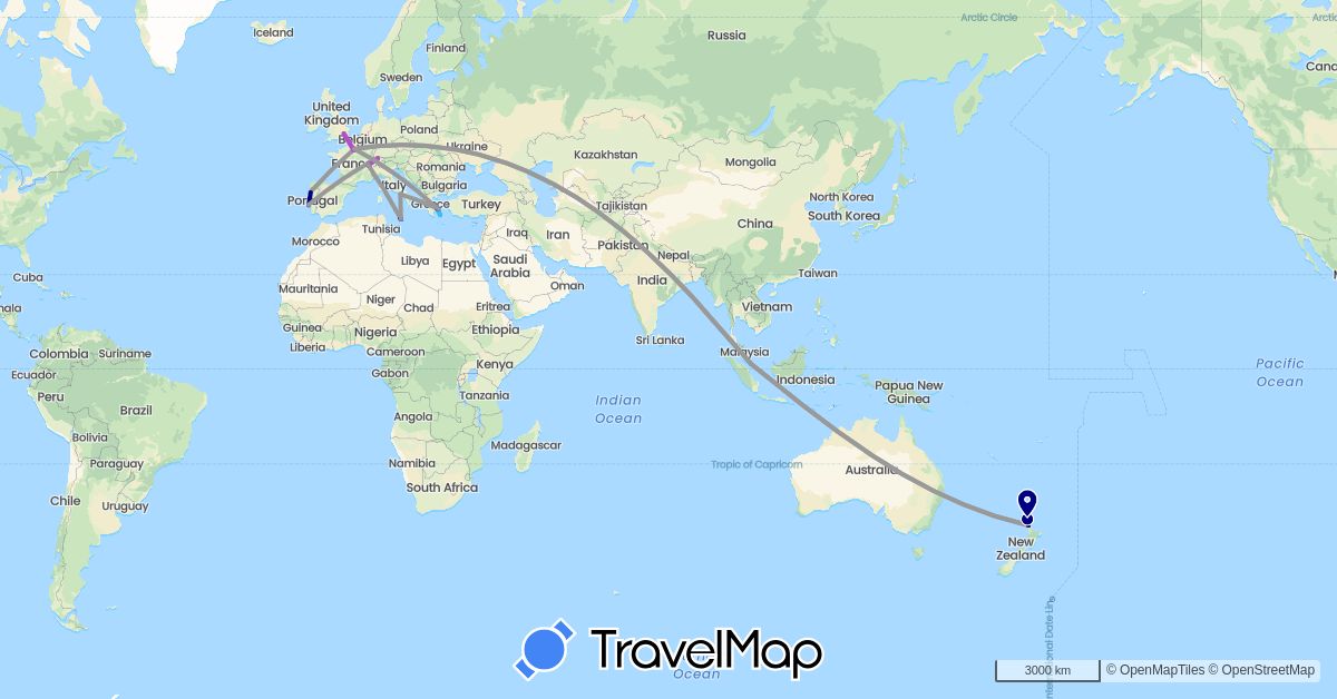 TravelMap itinerary: driving, bus, plane, train, hiking, boat in Switzerland, France, United Kingdom, Greece, Italy, Malta, New Zealand, Portugal, Singapore (Asia, Europe, Oceania)